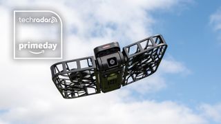 HoverAir X1 drone in flight, with Prime Day text overlay