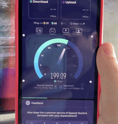 iPhone 17 Pro Max Speedtest on United Airlines Starlink