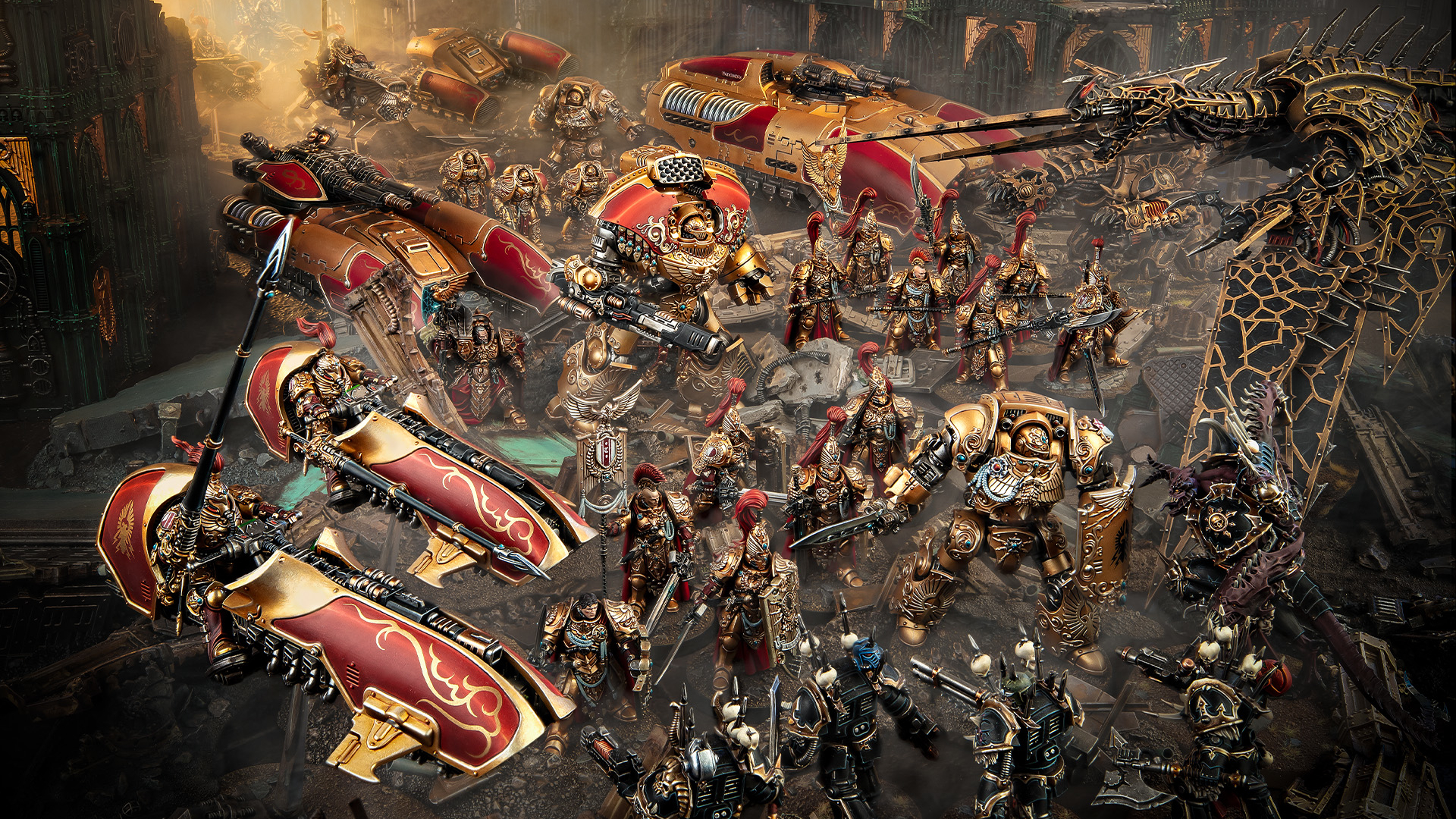 Adeptus Custodes models engaged in battle with Black Legion miniatures