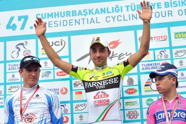 Top three finishers for stage five (l-r): Alexander Efimkin, 2nd; Matteo Rabottini, 1st; Enrico Magazzini, 3rd.