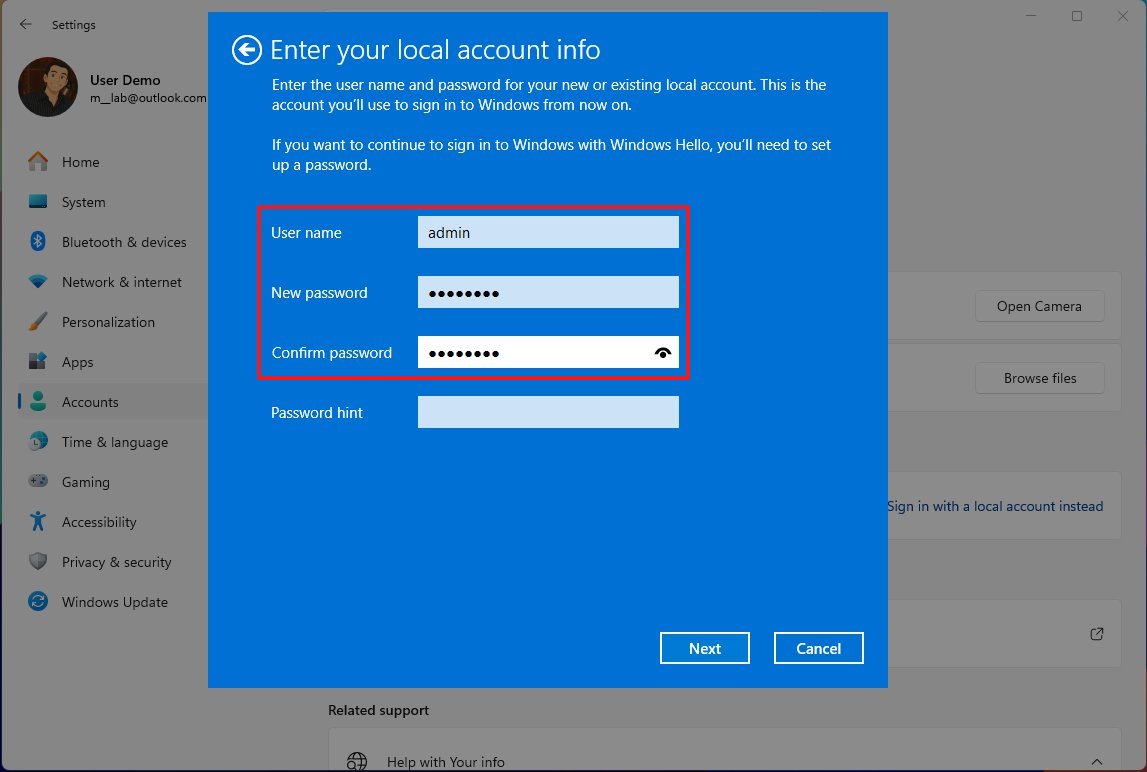 Windows 11 switch to local account