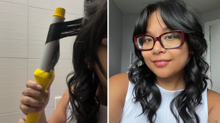 A close up of Jonelle Arfuong using the DryBar Mixologist with the 1-inch barrel attachment (on the left) and the end results (on the right).