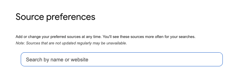 source preferences screen in Google