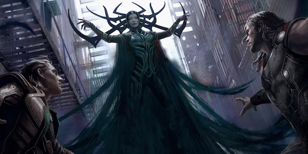 Thor Ragnarok concept art Hela in front of Thor and Loki