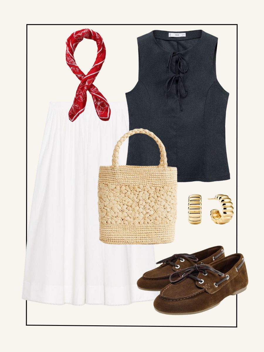 Red scarf, navy top, white skirt, woven bag, gold earrings, brown slippers