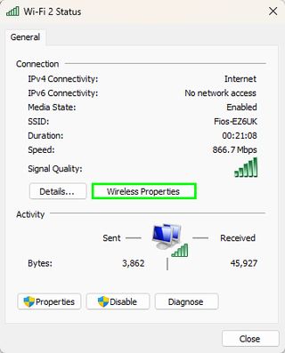 A Windows 11 Network page, with "Wireless Properties" highlighted, demonstrating how to see your Wi-Fi password in Windows 11