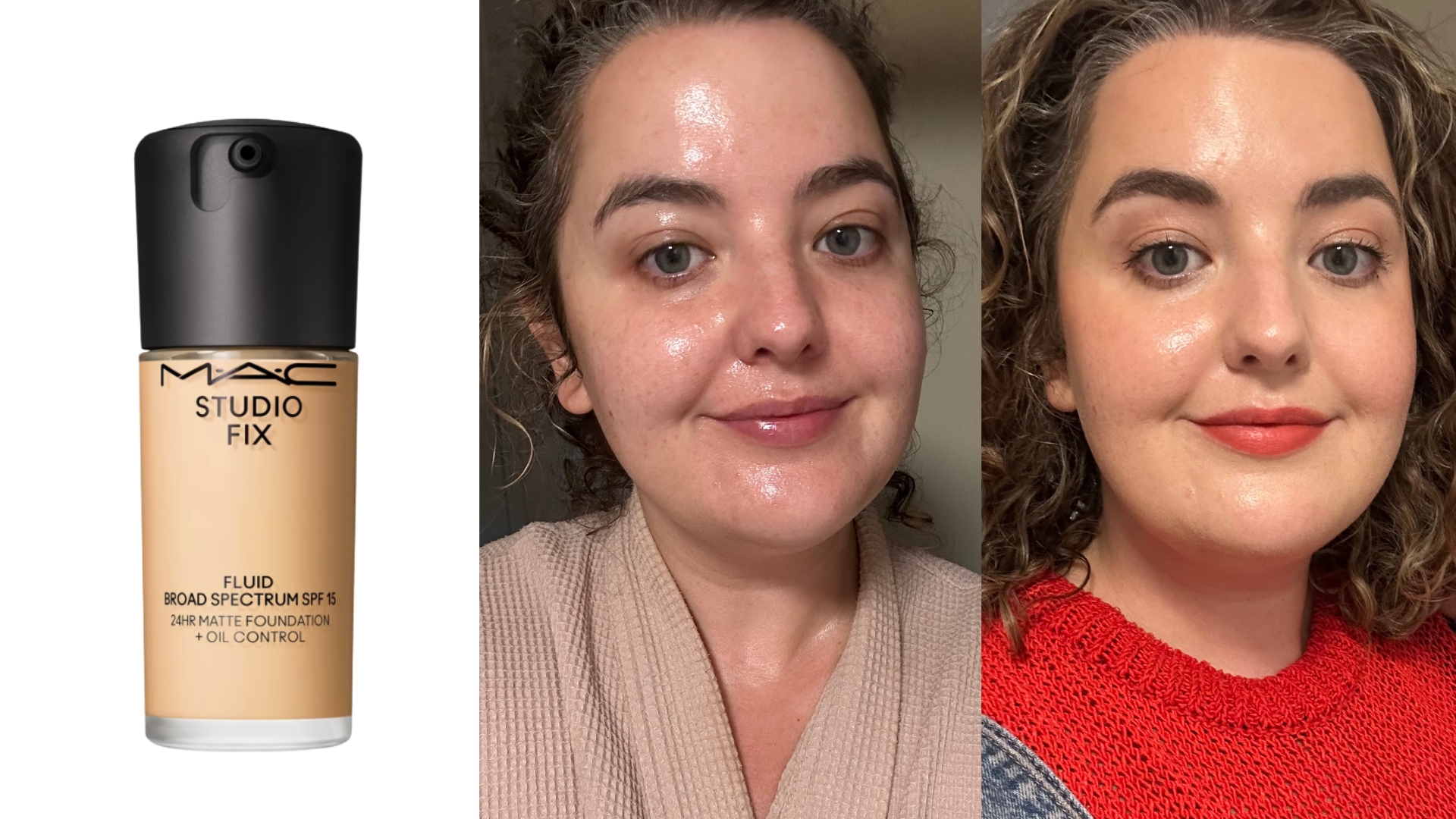 On the left is a product shot of the MAC Studio Fix Fluid Foundation SPF 15 on a white background, followed by a before and after picture of Senior Beauty Editor Rhiannon Derbyshire without makeup and then wearing the MAC foundation, along with a full face of makeup.