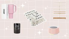 A checked background with product cut outs