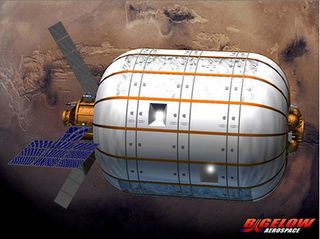 An artist's illustration of a Bigelow Aerospace BA 330 inflatable module with Mars in the background. The BA 330 module is expected to be designed to form part of a multi-module space station, or serve as an independent orbiting outpost.