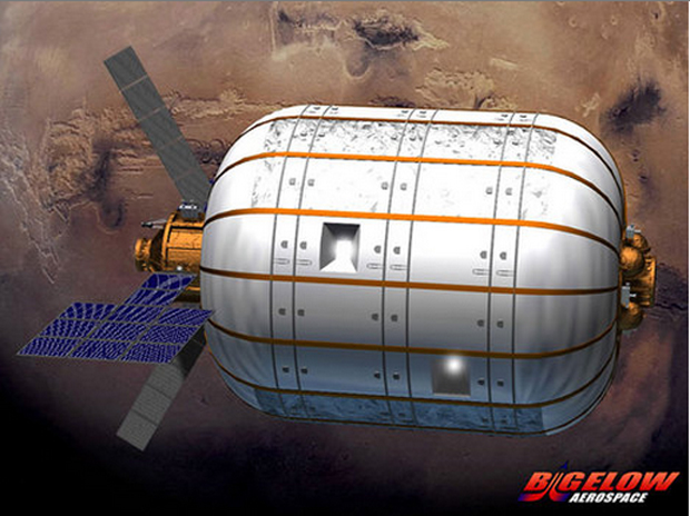 An artist&#039;s illustration of a Bigelow Aerospace BA 330 inflatable module with Mars in the background. The BA 330 module is expected to be designed to form part of a multi-module space station, or serve as an independent orbiting outpost.