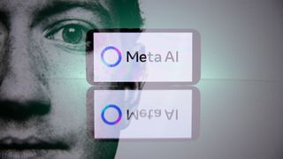Double exposure photograph of a portrait of Mark Zuckerberg and a telephone displaying the Meta group s artificial intelligence logo at Kerlouan in Brittany in France on April 11 2025.