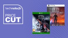 Two Star Wars Jedi game boxes on a purple background with white price cut text