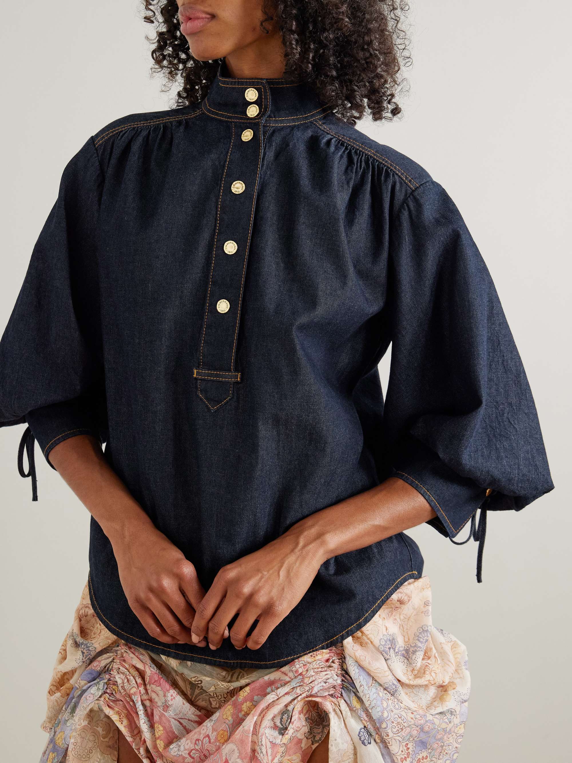 Billow Gathered Denim Blouse