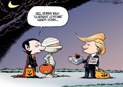 Political cartoon U.S. Trump Halloween costume button