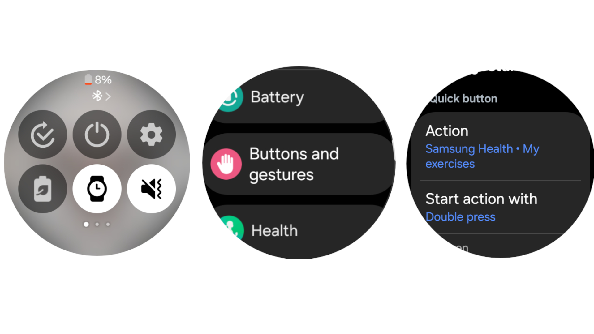 Screenshots showing how to update the Galaxy Watch Ultra Quick Button settings
