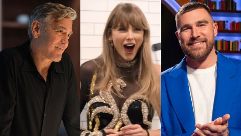 From left to right: A press image of George Clooney looking to his right and smiling in Jay Kelly, a screenshot of Taylor Swift smiling really big in The End of an Era and a press image of Travis Kelce smiling at the camera in Are You Smarter than a Celebrity. 
