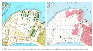 1980 Soviet map of San Diego naval facilities vs U.S. geological survey map