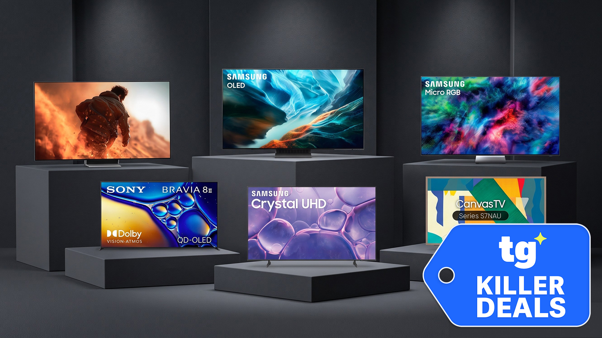 Various TVs on podiums with Killer Deals badge overlaid