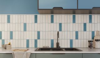 kitchen wall tile ideas with blue and beige rectangle tiles