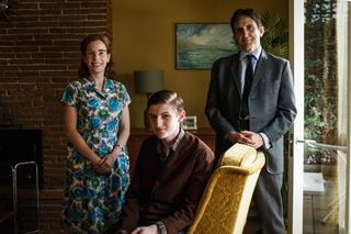 Call the Midwife star Max Macmillan with his co stars on set