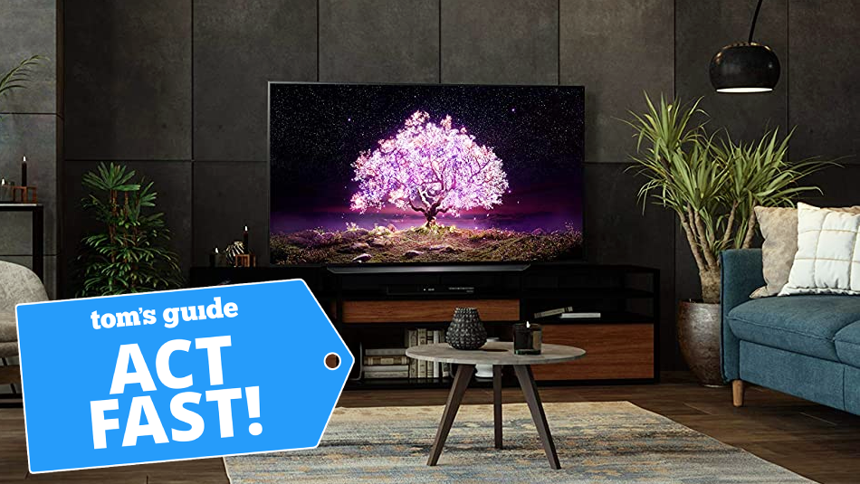 LG C1 OLED in living room with cyber monday deal tag superimposed