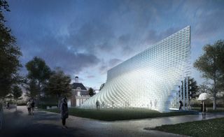 Rendering of a Serpentine Pavilion design of a tall wall made of hollow white blocks