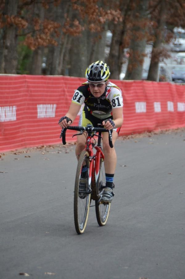 Deb Whitmore (Global Bike) rides hard to the finish.
