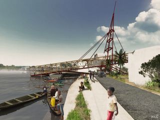 People sitting on concrete on a river bank