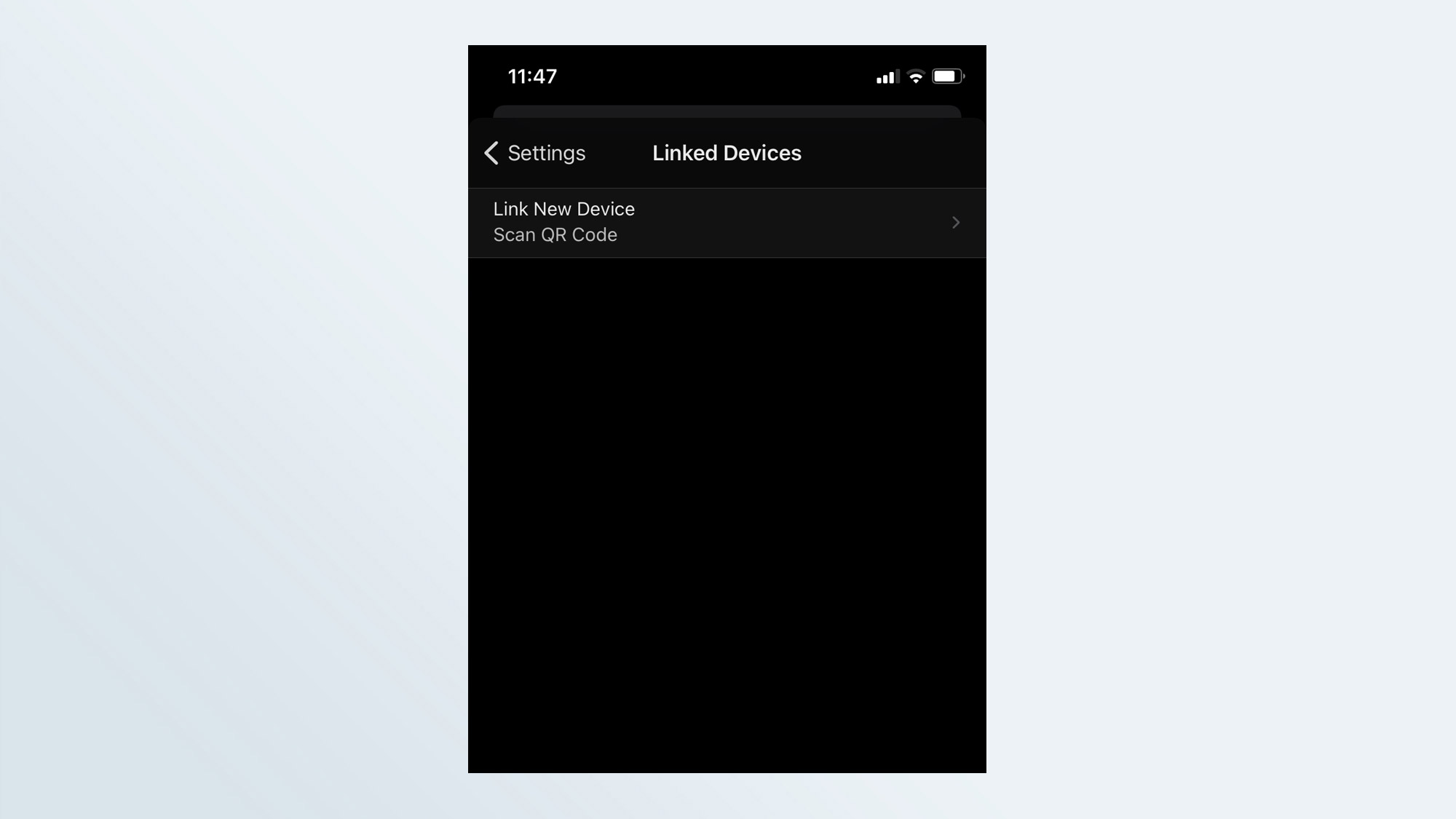 Скриншот страницы Link New Device в приложении Signal для iOS.