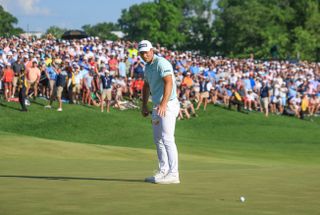 Viktor Hovland misses a putt on the 18th green at the PGA Championship