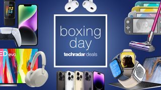 Text in the centre reads 'Boxing Day', with iPhones, AirPods, Nintendo Switches and a TV surrounding it