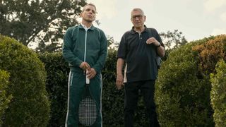 Sebastian Maniscalco and Robert De Niro on a tennis court in About my Father