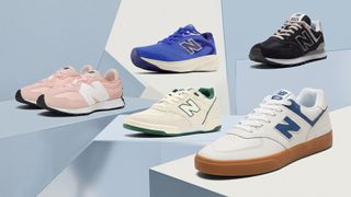 A selection of New Balance sneakers on a pale blue background.