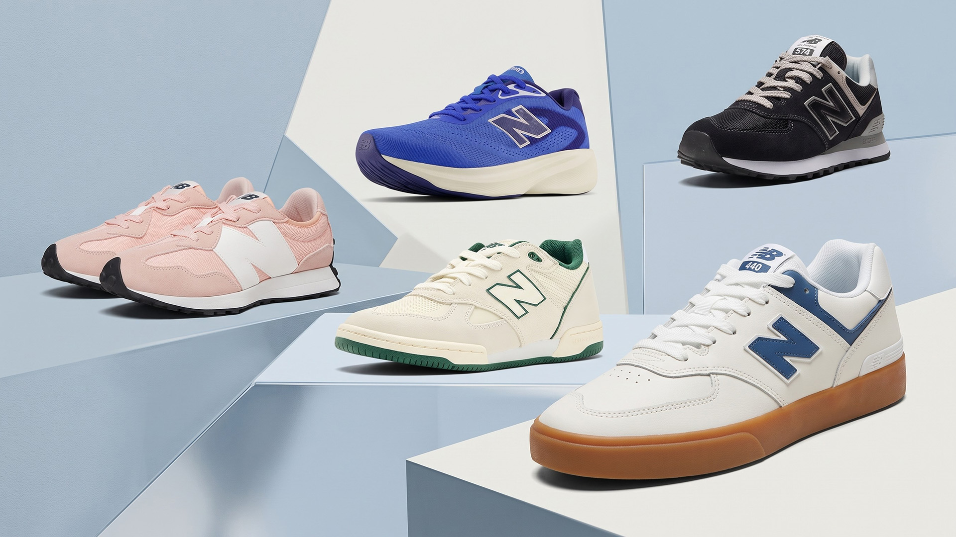 A selection of New Balance sneakers on a pale blue background.