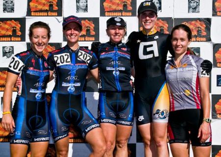 The women's podium: Arley Kemmerer (C3), Deidre Winfield (C3), Laura van Gilder (C3), Ann D'Ambruoso (Ladies First) and Carolyn Popovic (PAValleys.com).
