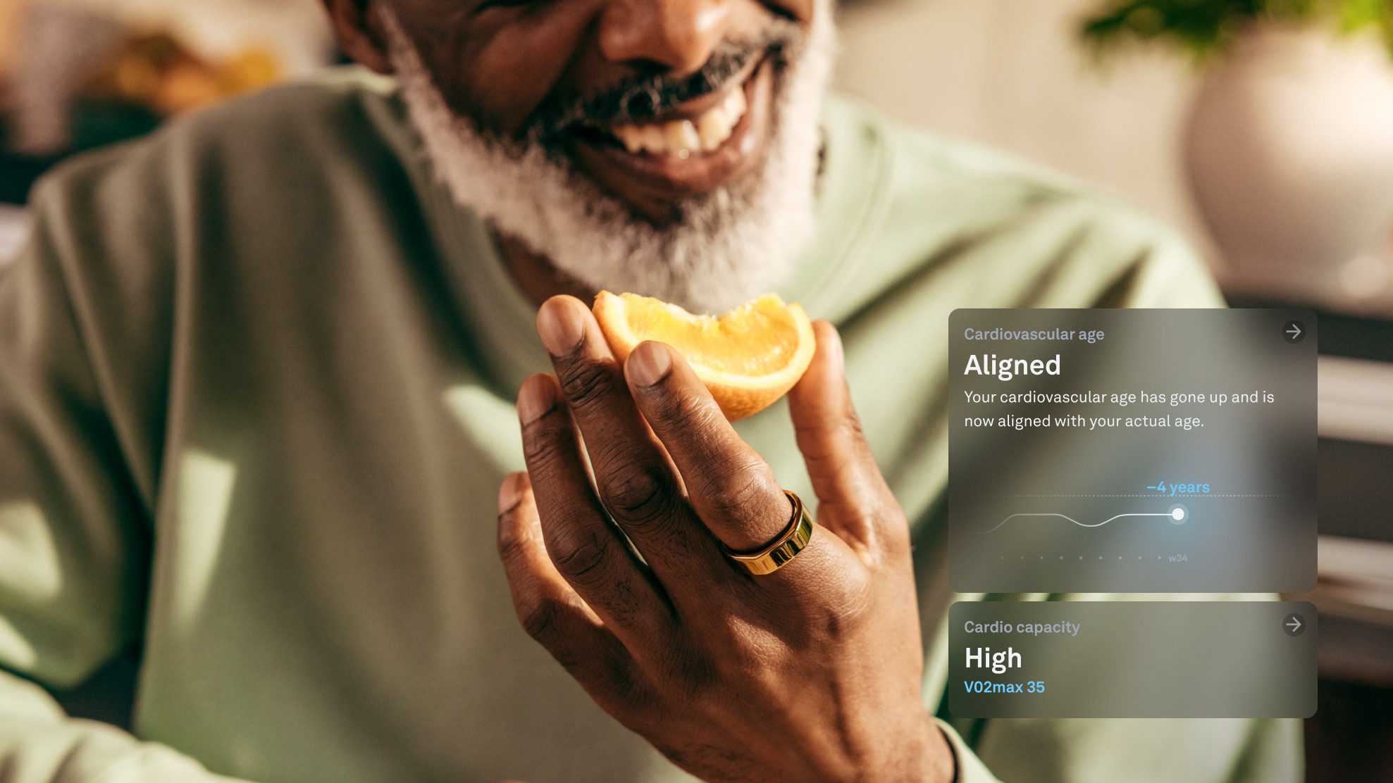 Oura heart health features shown next to a man wearing an Oura Ring and eating an orange slice