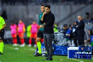 Mikel Arteta, Head coach of Arsenal looks on during the UEFA Champions League match between RC Lens and Arsenal FC at Stade Bollaert-Delelis on October 03, 2023 in Lens, France. (Photo by Franco Arland/Quality Sport Images/Getty Images)