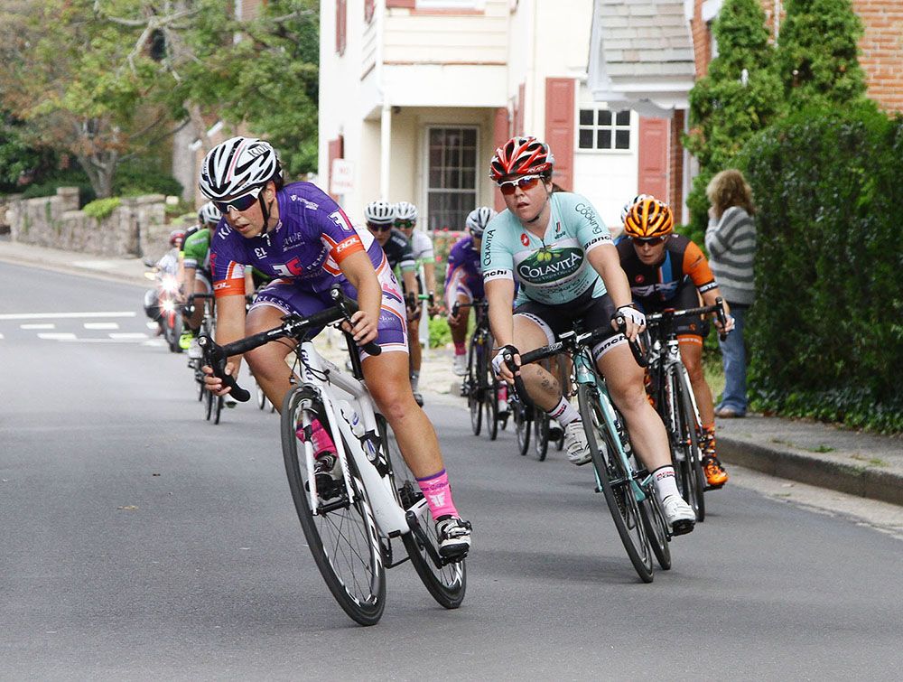 2014 Irish National Champion, Fiona Meade (Fearless Femme p/b Haute Wheels Racing) strings out the field.