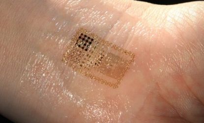 Putting on the epidermal electronic system is as easy as applying a temporary tattoo: Just place one on your skin, rub the sheet with water, and you're done.