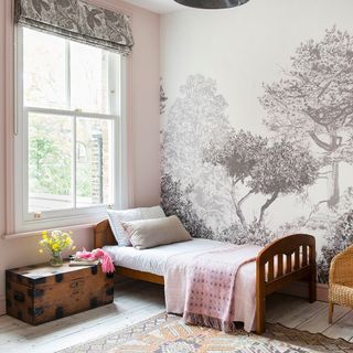 kids room with printed white wall