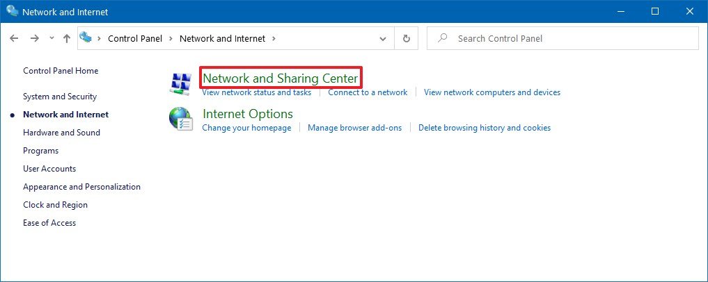 Control Panel Network and sharing center option