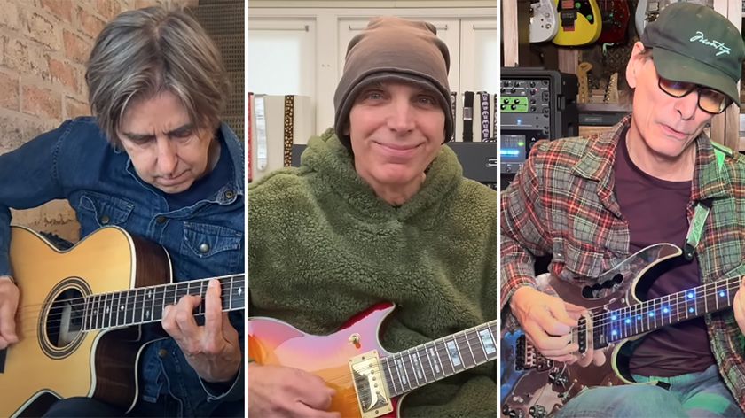 Eric Johnson, Joe Satriani and Steve Vai playing guitar in their respective Guitar World G3 lessons