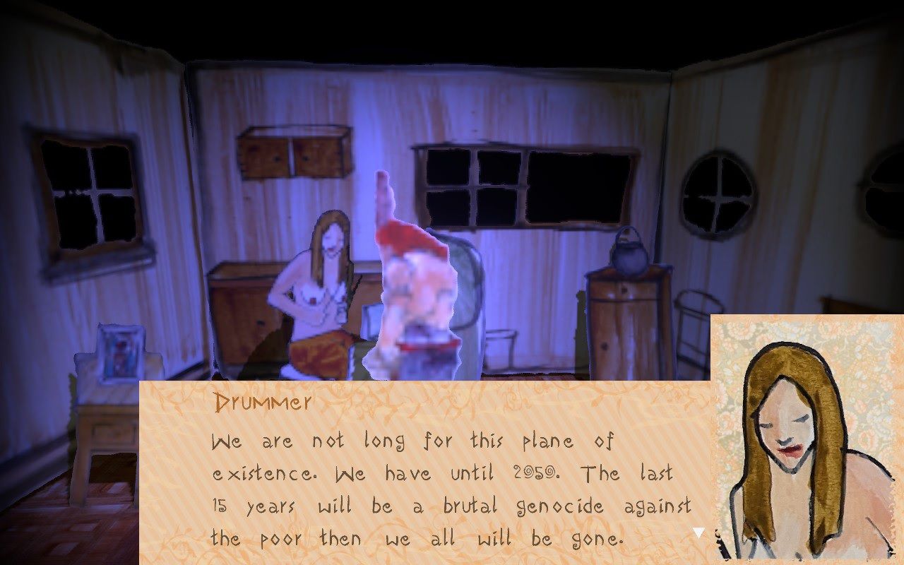 A woman called "Drummer" ponders the end of the world and a genocide of the poor by the year 2050 in Judero