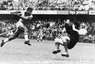 Vavá scores for Brazil against France in the semi-finals of the 1958 World Cup.