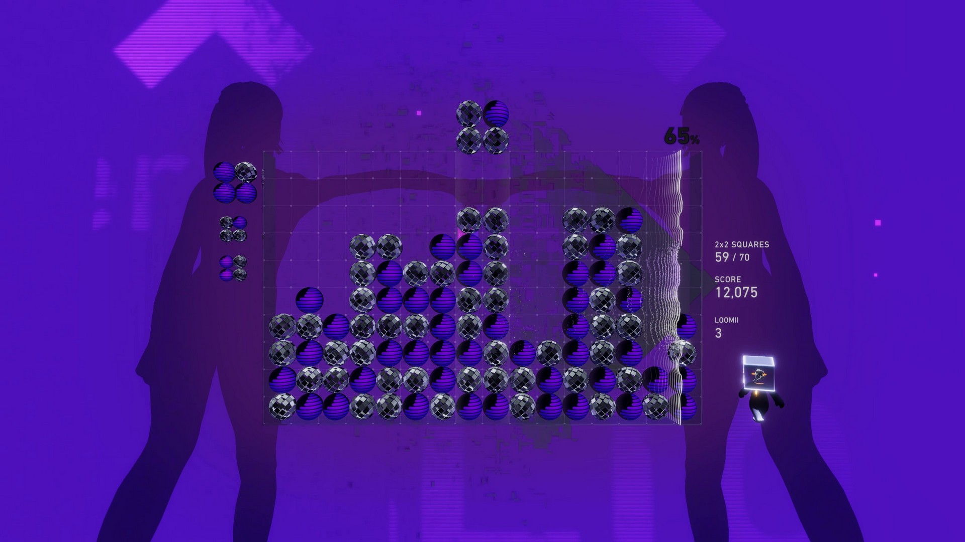 Matching blocks in Lumines Arise as figures groove on a purple background