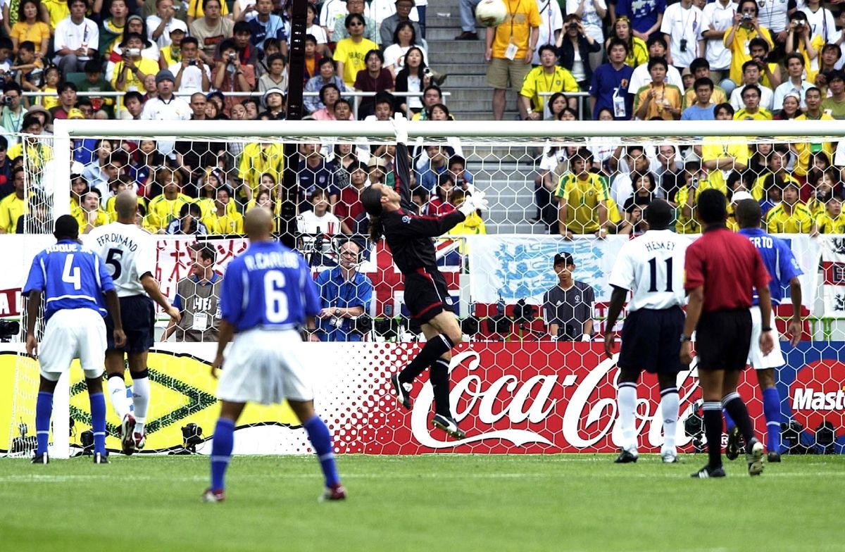 David Seaman concedes for England against Brazil in the 2002 World Cup