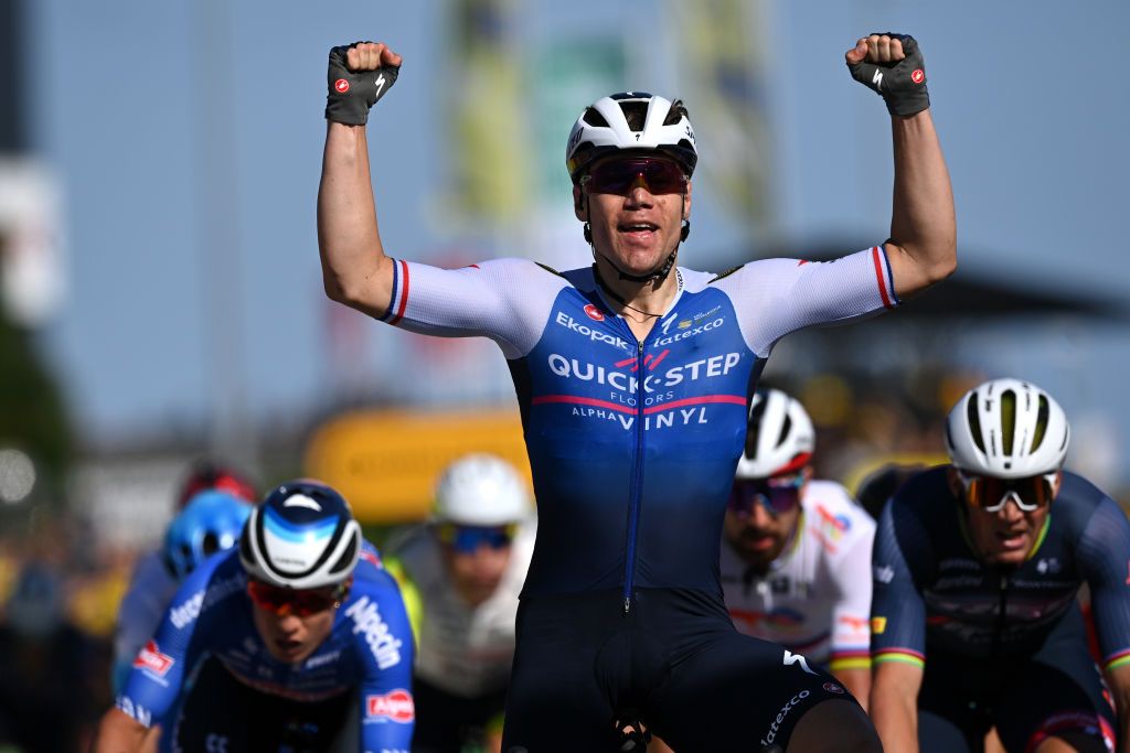 NYBORG DENMARK JULY 02 Fabio Jakobsen of Netherlands and QuickStep Alpha Vinyl Team celebrates at finish line as stage winner during the 109th Tour de France 2022 Stage 2 a 2022km stage from Roskilde to Nyborg TDF2022 WorldTour on July 02 2022 in Nyborg Denmark Photo by Stuart FranklinGetty Images