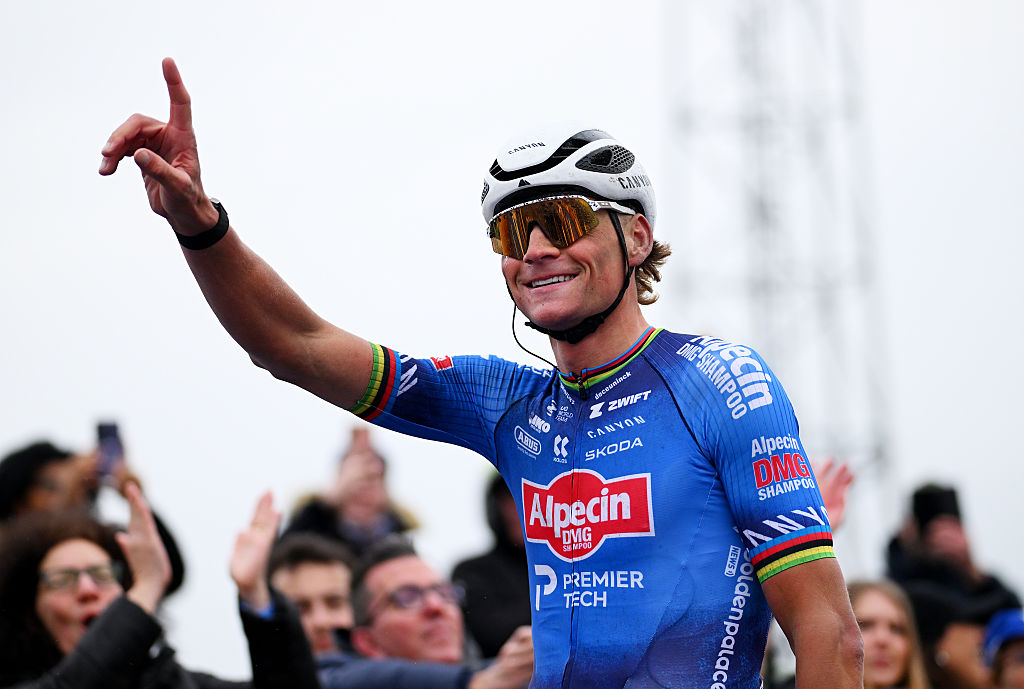 NIVONE, BELGIUM - FEBRUARY 28: Mathieu van der Poel of Netherlands and Team Alpecin-Premier Tech celebrates at finish line as race winner during the 21st Omloop Het Nieuwsblad 2026, Men&amp;apos;s Elite a 207.2km one day race from Ghent to Ninove / #UCIWT / on February 28, 2026 in Ninove, Belgium. (Photo by Tim de Waele/Getty Images)