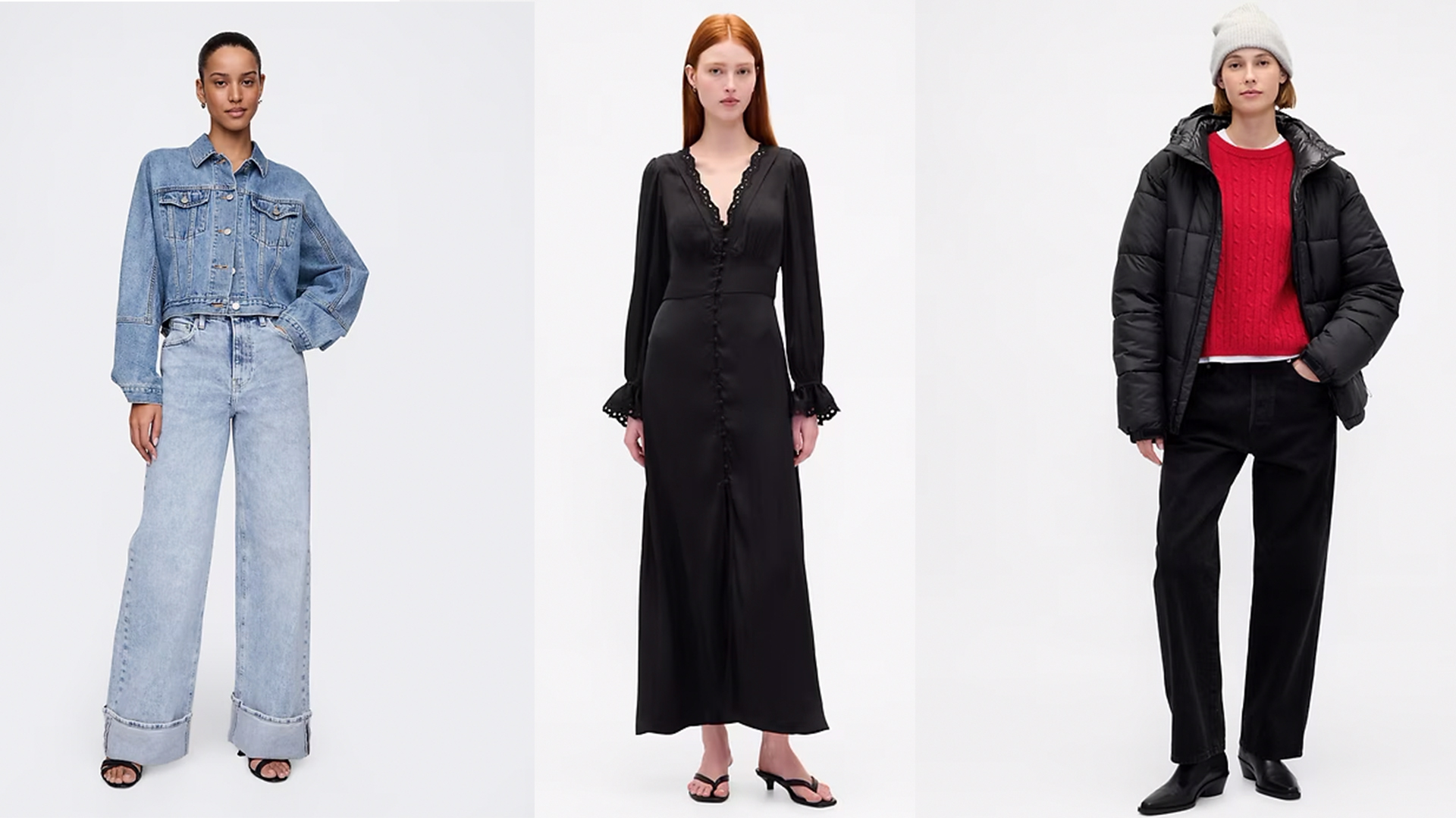 model wears double denim outfit, model wears black longsleeve slip dress with lace details, model wears jackect and a beanie and a red seater with dark colored pants with black shoes