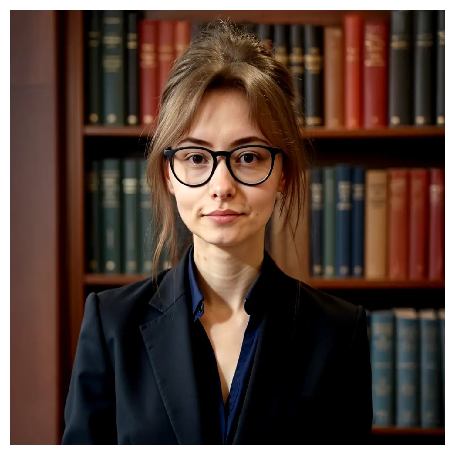 A smiling woman with face-framing brown bangs and a top bun in a black blazer and a navy blue shirt in front of a bookshelf